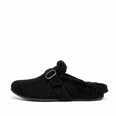 Fitflop CHRISSIE Buckle Shearling-Lined Suede Slippers Dames Zwart | THF501894