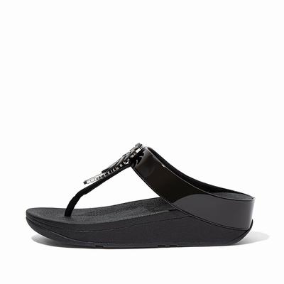 Fitflop FINO Jungle Leaf Lak Toe-Post Sandalen Dames Zwart | EMS925671