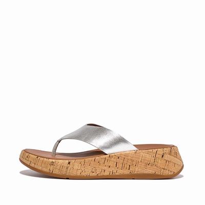 Fitflop F-MODE Metallic Leather/Cork Flatform Toe-Post Sandalen Dames Zilver | EZL802397