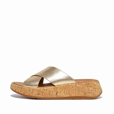 Fitflop F-MODE Metallic Leather/Cork Flatform Cross Slides Sandalen Dames Bruin Goud | XGE729568