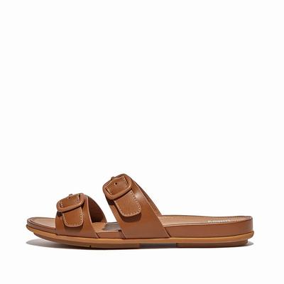 Fitflop GRACIE Buckle Two-Bar Leather Slides Sandalen Dames Bruin | BWU029763