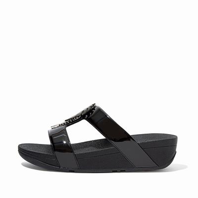 Fitflop LOTTIE Jungle Leaf Lak Slides Sandalen Dames Zwart | RNL035276