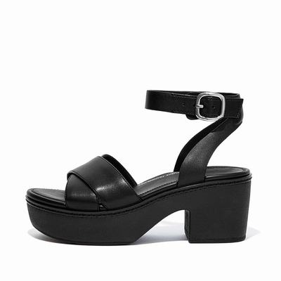 Fitflop PILAR Leather Ankle-Strap Sandalen met plateauzool Dames Zwart | JGE697382