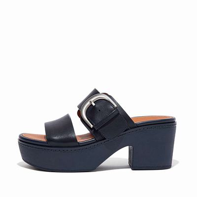 Fitflop PILAR Leather Platform Slides Sandalen Dames Donkerblauw | BHS451609