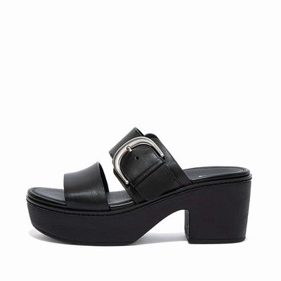 Fitflop PILAR Leather Slide Sandalen met plateauzool Dames Zwart | VOK349052