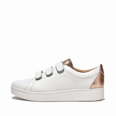 Fitflop RALLY Metallic-Back Leather Strap Sneakers Dames Wit Roze Goud | GXH829603