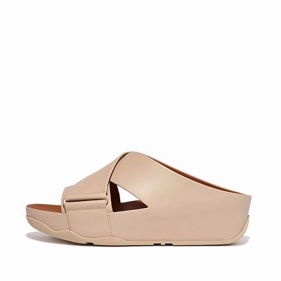 Fitflop SHUV Leather Cross Slides Sandalen Dames Grijs Beige | WQG073529