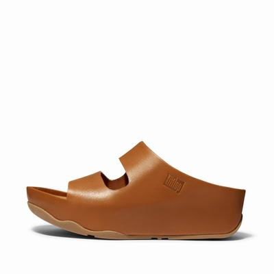 Fitflop SHUV Two-Bar Leather Slides Sandalen Dames Lichtbruin | BRV567908