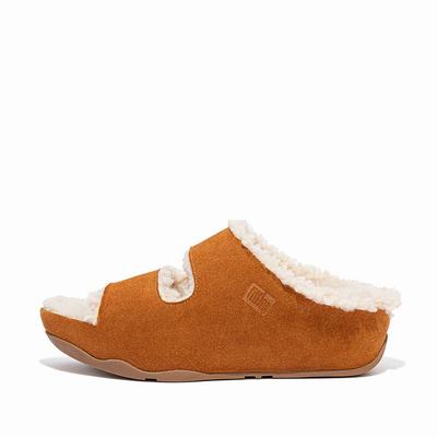 Fitflop SHUV Two-Bar Shearling Suede Slides Slippers Dames Lichtbruin | LNC293054