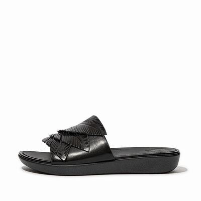 Fitflop SOLA Feather Metallic Leather Slides Sandalen Dames Zwart | AWS402537