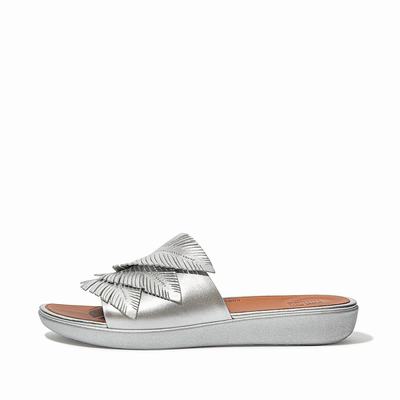 Fitflop SOLA Feather Metallic Leather Slides Sandalen Dames Zilver | GEA497183