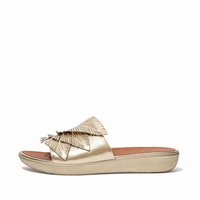 Fitflop SOLA Feather Metallic Leather Slides Sandalen Dames Bruin Goud | IMH398251