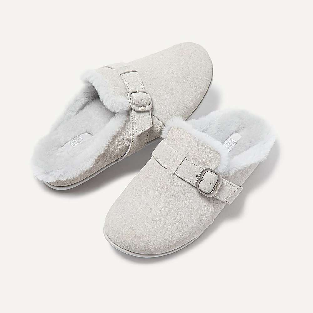 Fitflop CHRISSIE Buckle Shearling-Lined Suede Slippers Dames Grijs | FMP852619