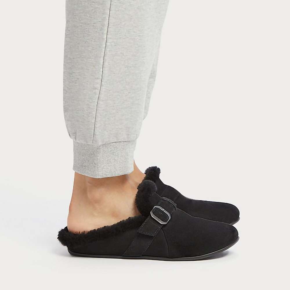 Fitflop CHRISSIE Buckle Shearling-Lined Suede Slippers Dames Zwart | THF501894