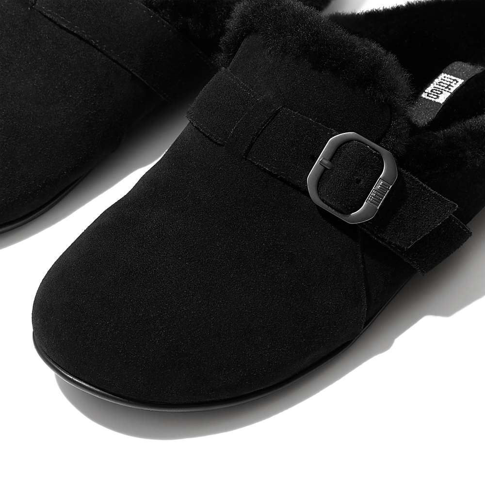 Fitflop CHRISSIE Buckle Shearling-Lined Suede Slippers Dames Zwart | THF501894