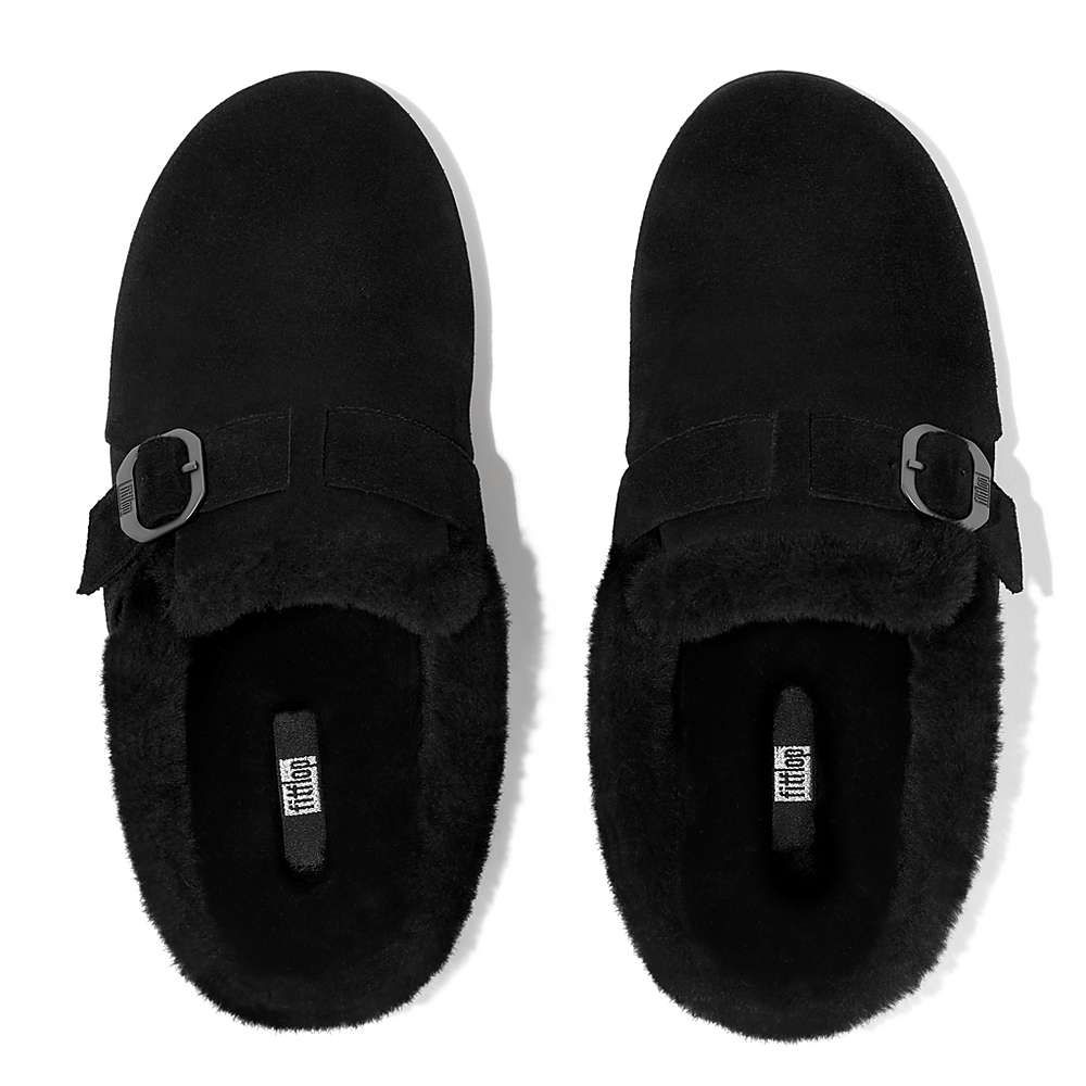 Fitflop CHRISSIE Buckle Shearling-Lined Suede Slippers Dames Zwart | THF501894