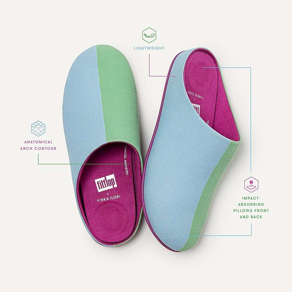 Fitflop CHRISSIE X Yinka Ilori Canvas Slippers Dames Blauw Groen | CJY185647