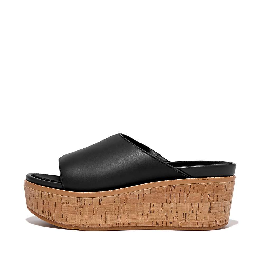 Fitflop ELOISE Cork-Wrap Leather Wedge Slides Sandalen Dames Zwart | CNY249731