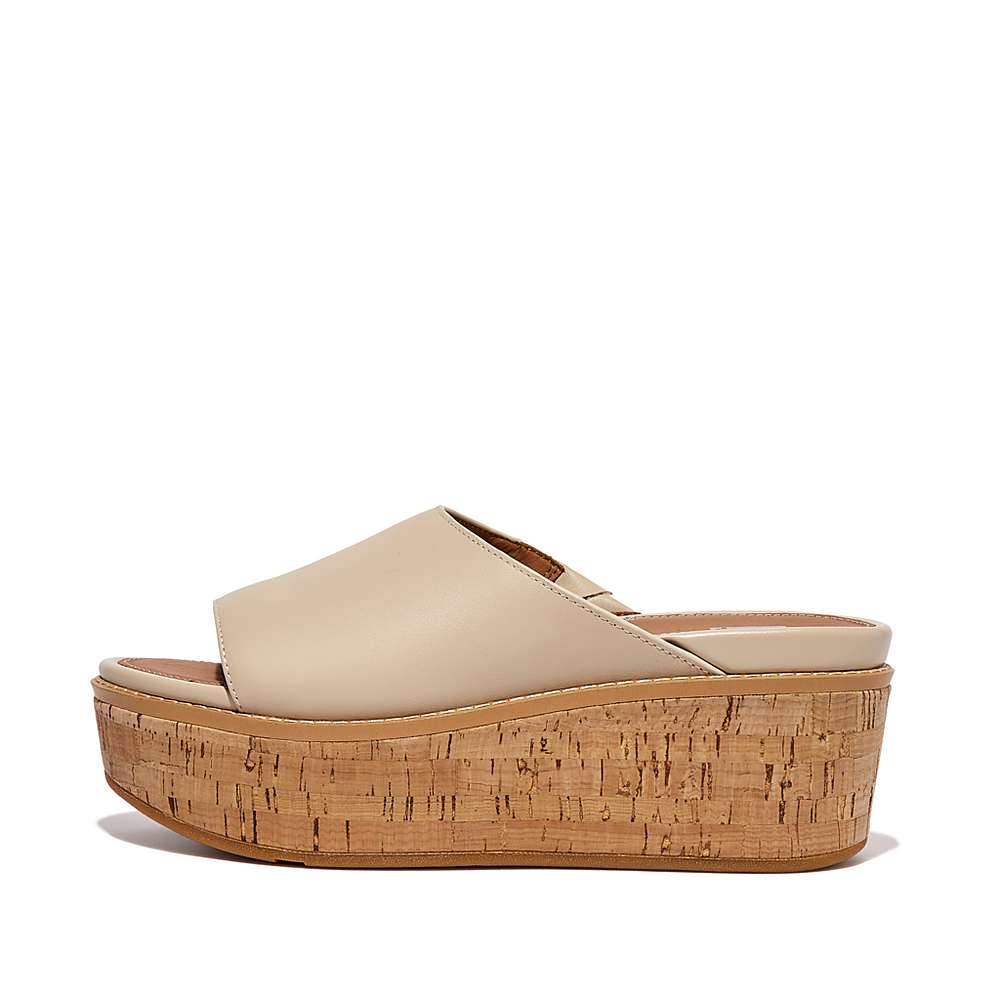 Fitflop ELOISE Cork-Wrap Leather Wedge Slides Sandalen Dames Grijs Beige | QCL164029