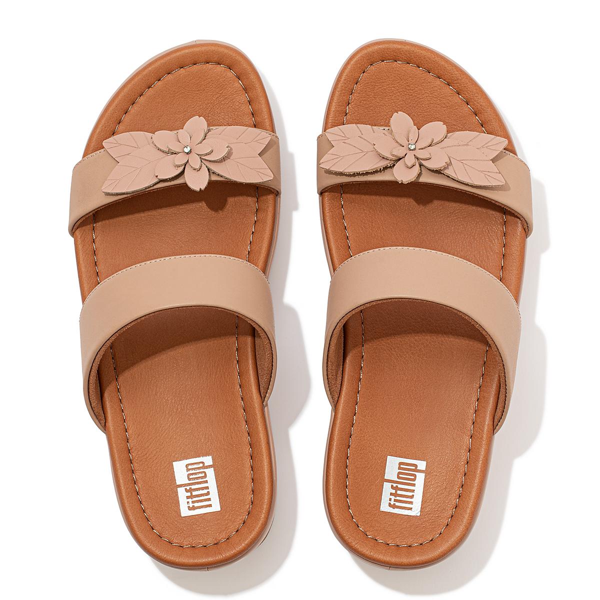 Fitflop FINO Floral Leather Slides Sandalen Dames Beige | MIV037824