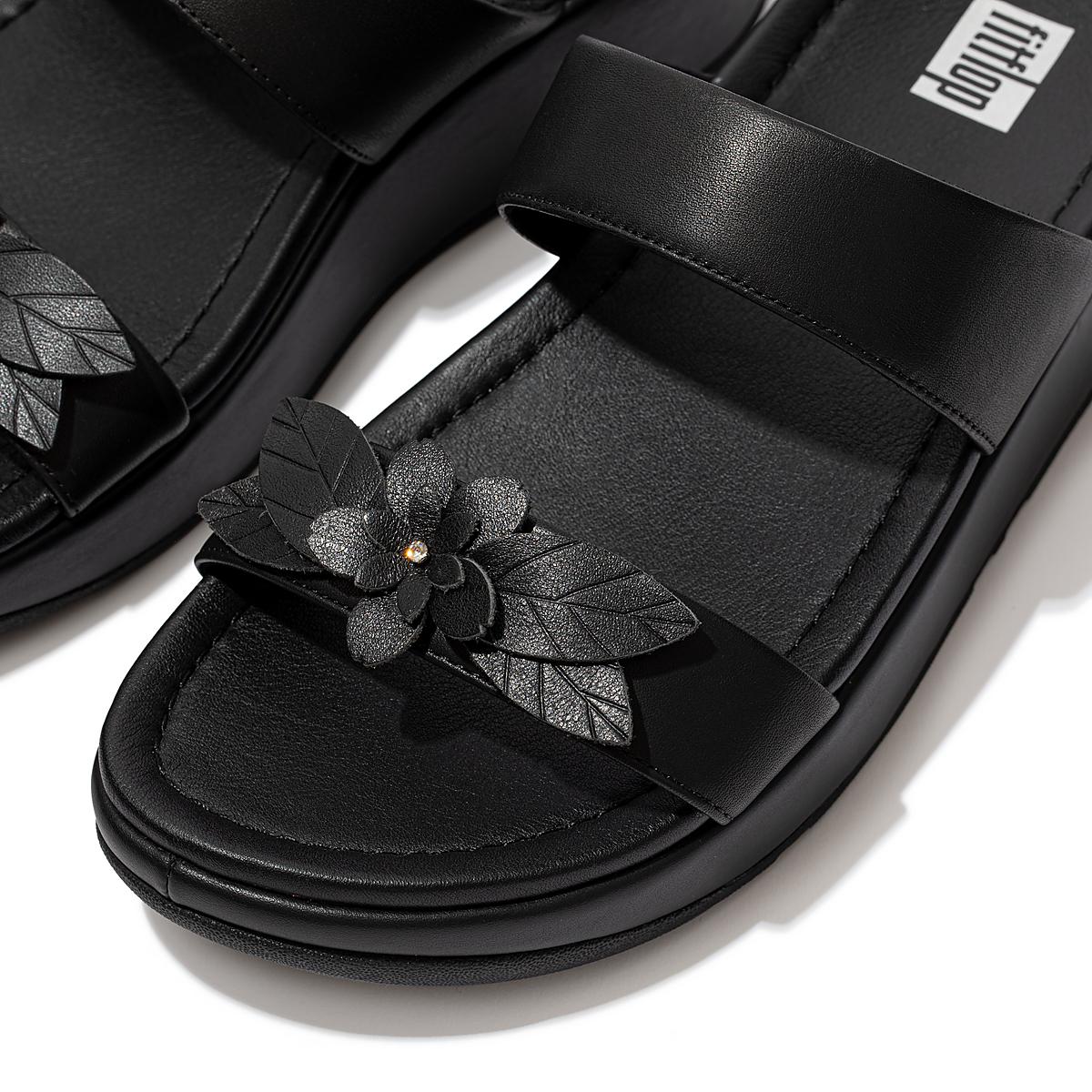 Fitflop FINO Floral Leather Slides Sandalen Dames Zwart | WPG450698