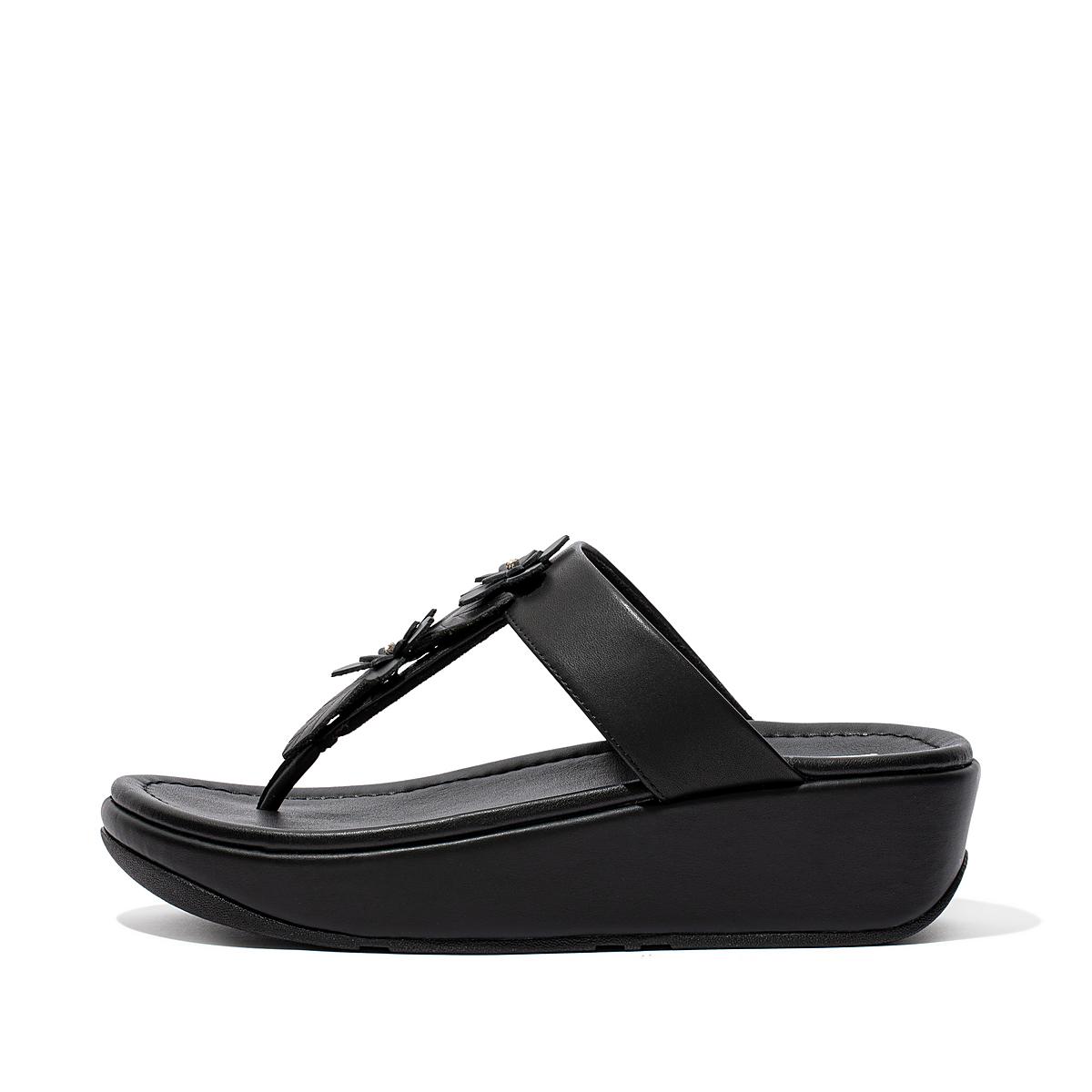 Fitflop FINO Floral Leather Toe-Post Sandalen Dames Zwart | CJI185746