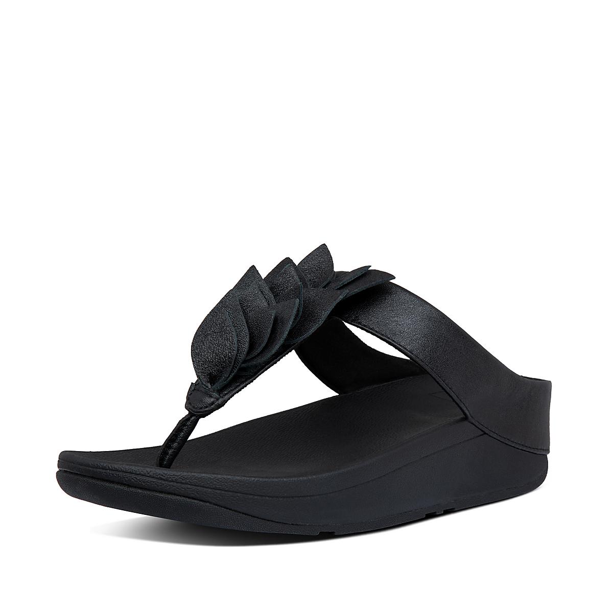 Fitflop FINO Leaf Leather Toe-Thongs Sandalen Dames Zwart | QLY951860