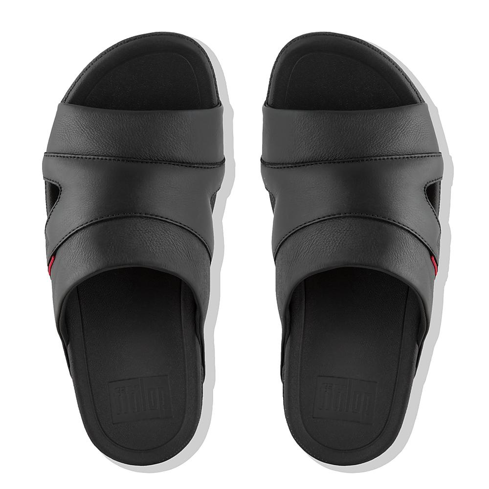 Fitflop FREEWAY Leather Pool Slides Sandalen Heren Zwart | ZDY286574