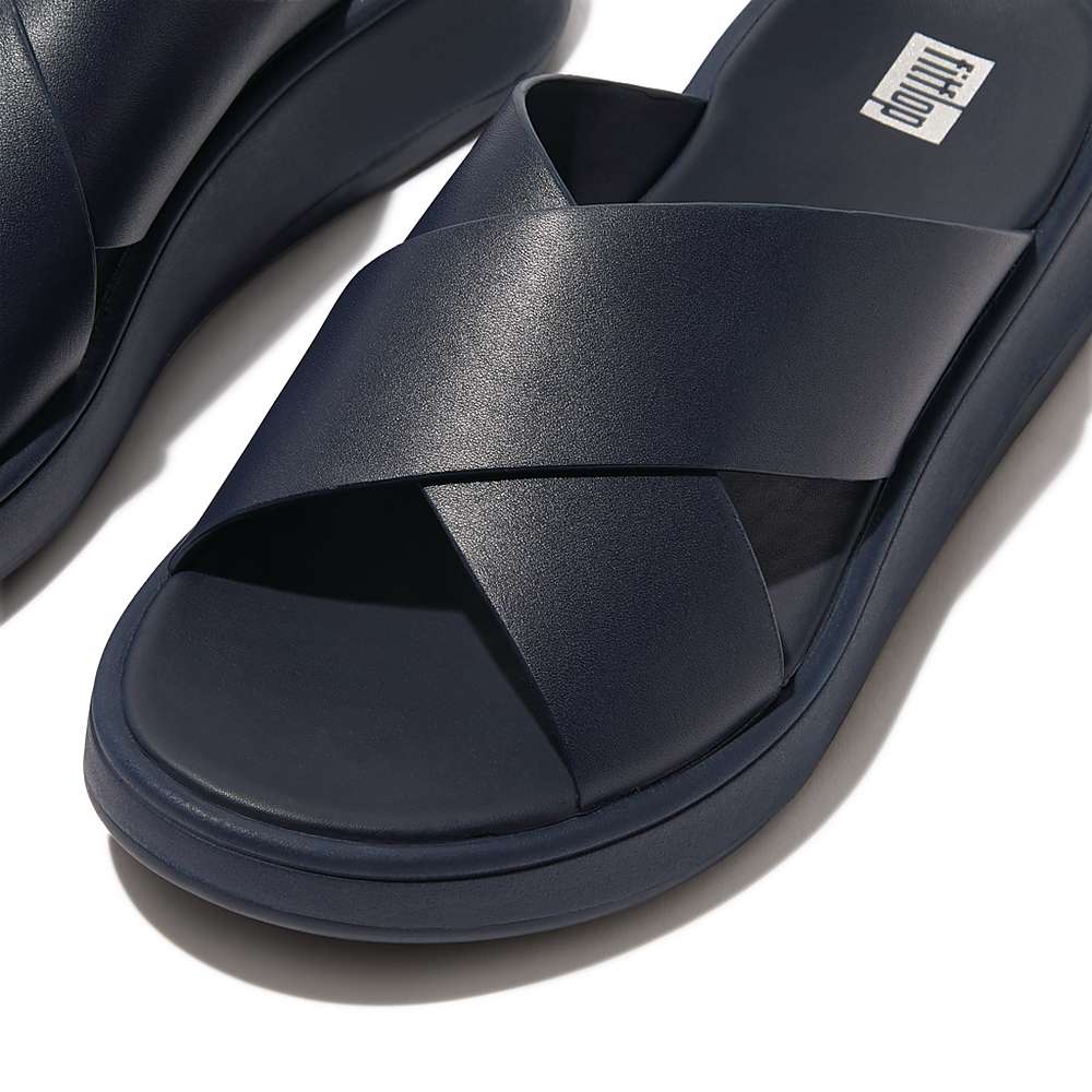 Fitflop F-MODE Leather Flatform Cross Slides Sandalen Dames Donkerblauw | IRN125483