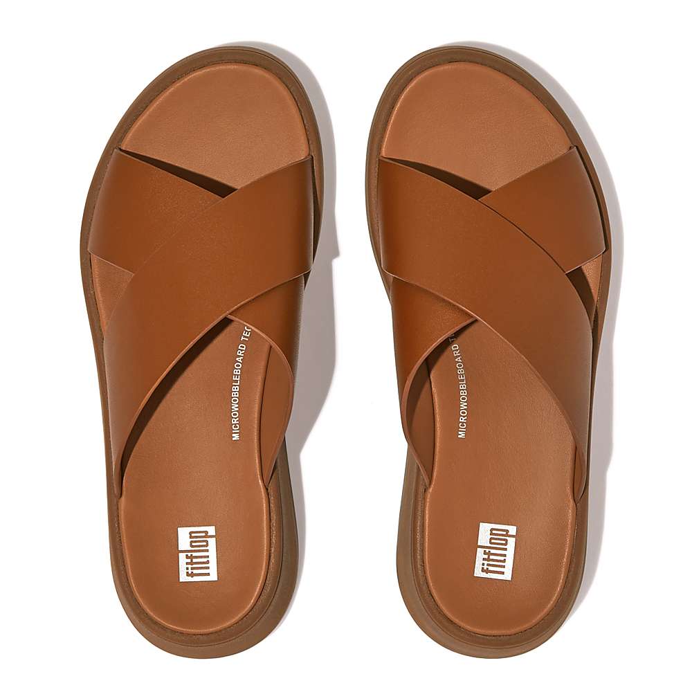 Fitflop F-MODE Leather Flatform Cross Slides Sandalen Dames Lichtbruin | TPN532719