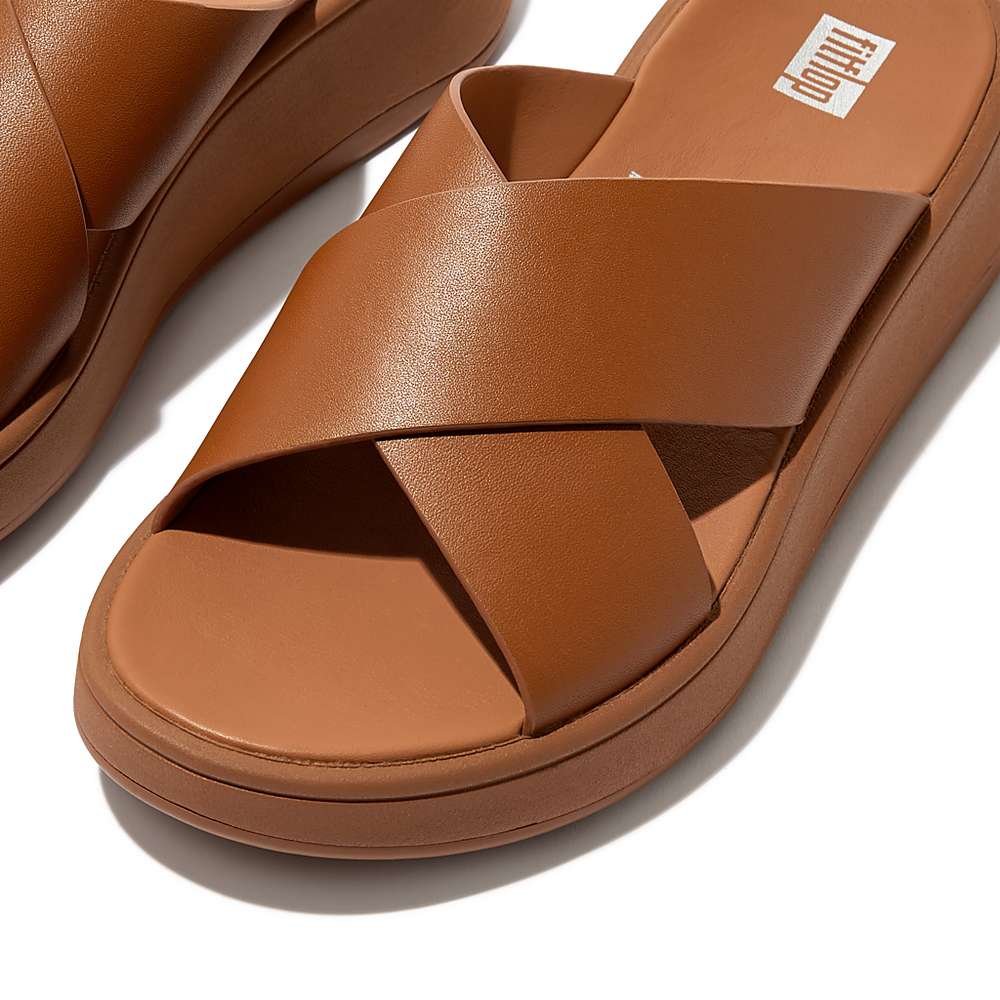 Fitflop F-MODE Leather Flatform Cross Slides Sandalen Dames Lichtbruin | TPN532719