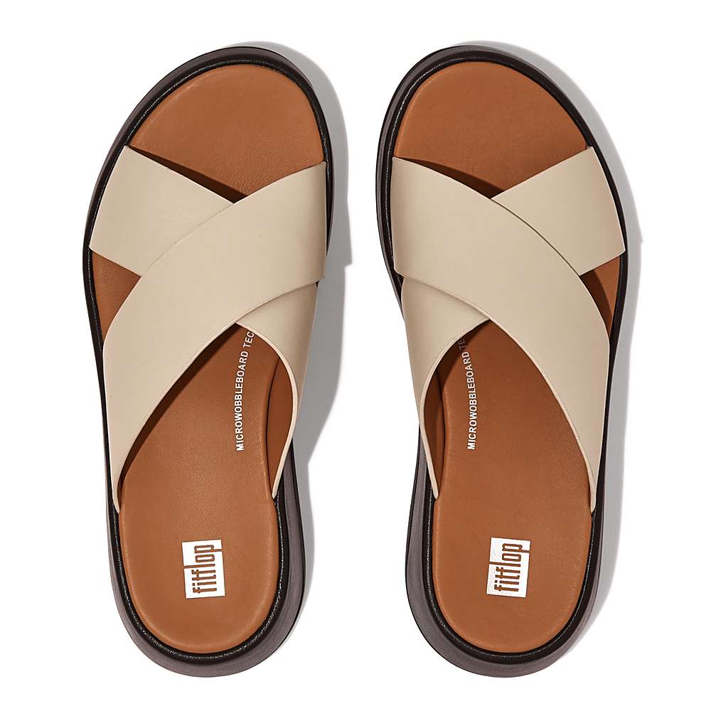 Fitflop F-MODE Luxe Leather Flatform Cross Slides Sandalen Dames Beige Zwart | COM302691