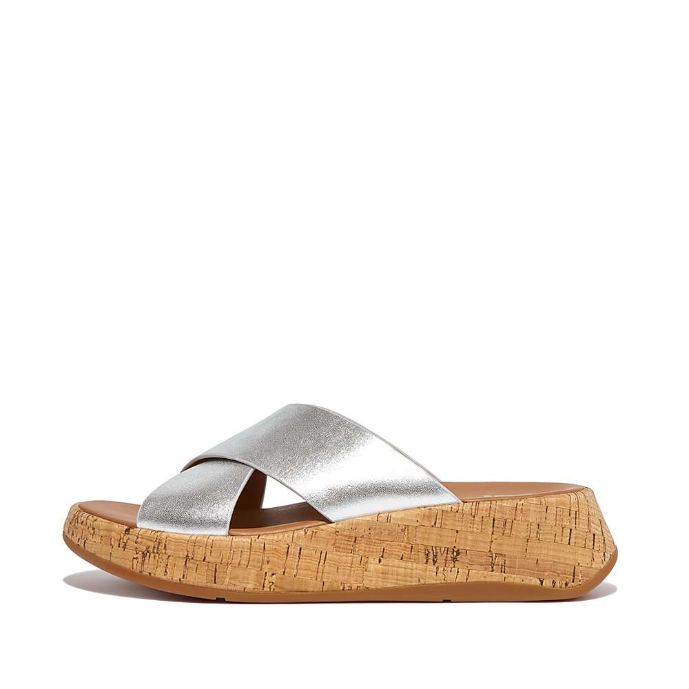 Fitflop F-MODE Metallic Leather/Cork Flatform Cross Slides Sandalen Dames Zilver | BEV630749