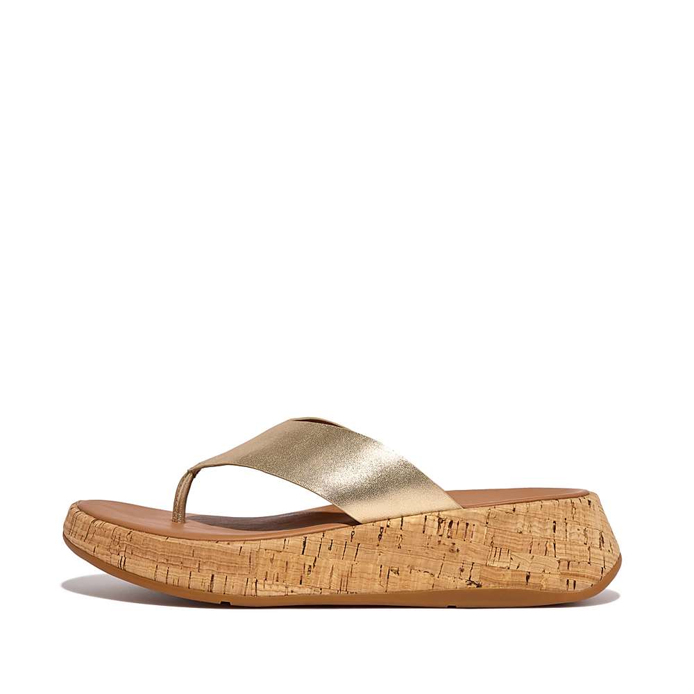 Fitflop F-MODE Metallic Leather/Cork Flatform Toe-Post Sandalen Dames Bruin Goud | UIR973021