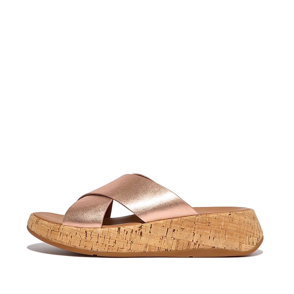 Fitflop F-MODE Metallic Leather/Cork Flatform Cross Slides Sandalen Dames Roze Goud | WEC804652