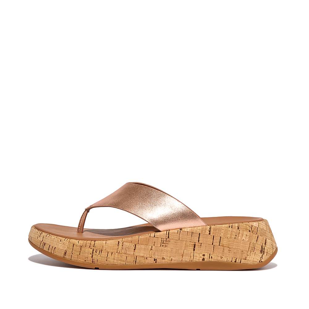 Fitflop F-MODE Metallic Leather/Cork Flatform Toe-Post Sandalen Dames Roze Goud | XDB785029