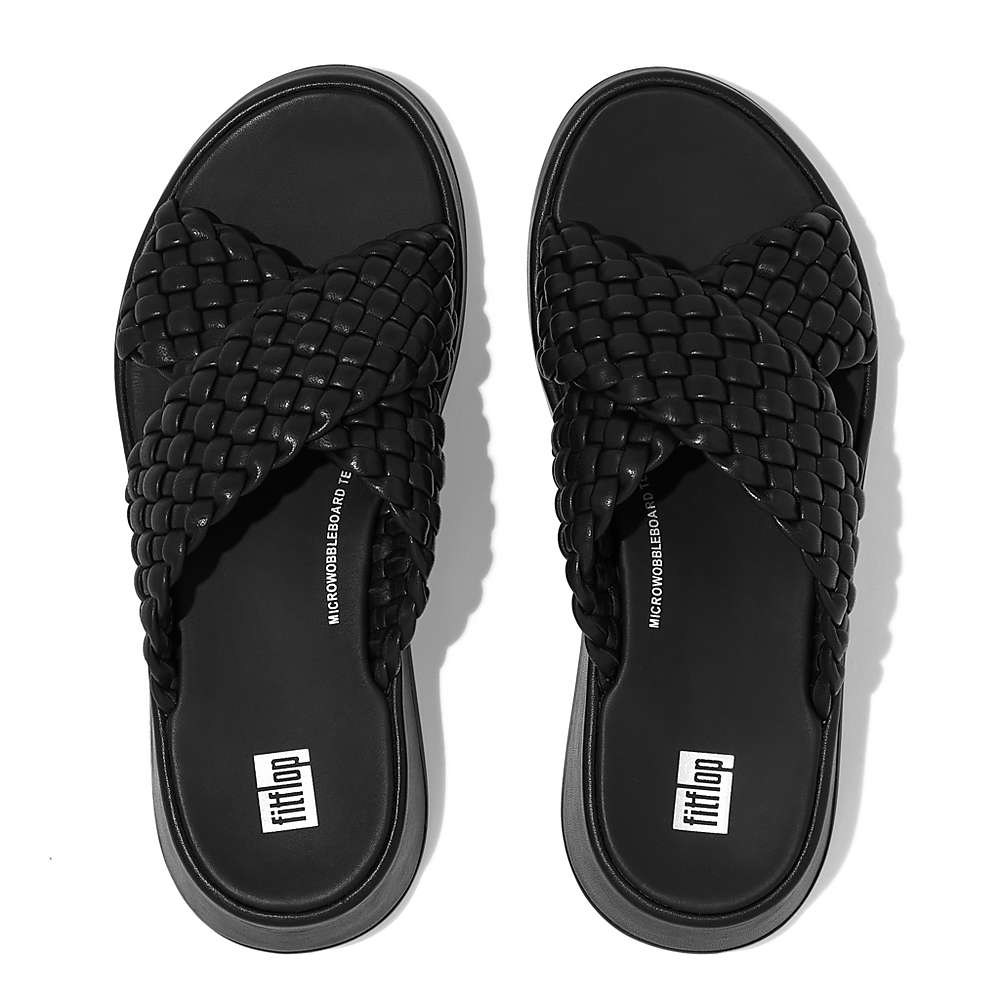 Fitflop F-MODE Woven Leather Flatform Cross Slides Sandalen Dames Zwart | LCW836029