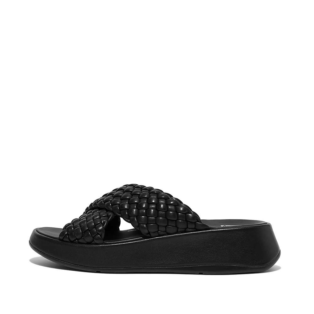 Fitflop F-MODE Woven Leather Flatform Cross Slides Sandalen Dames Zwart | LCW836029