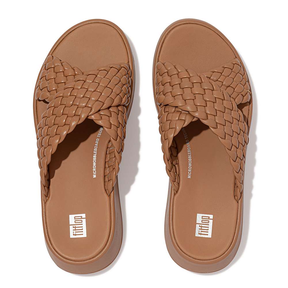 Fitflop F-MODE Woven Leather Flatform Cross Slides Sandalen Dames Bruin | UTV685732