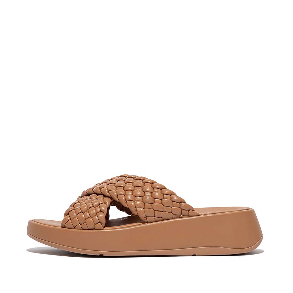 Fitflop F-MODE Woven Leather Flatform Cross Slides Sandalen Dames Bruin | UTV685732