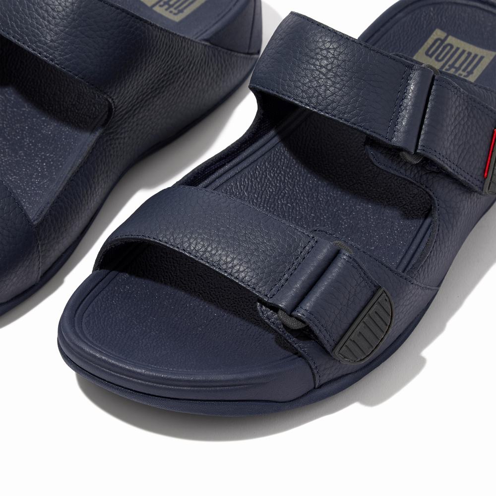 Fitflop GOGH MOC Adjustable Leather Slides Sandalen Heren Donkerblauw | VSO914785