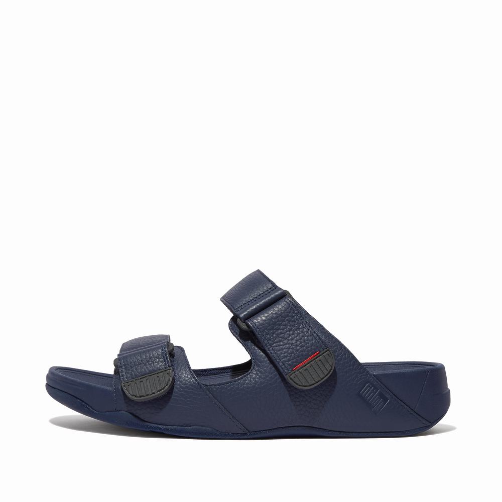 Fitflop GOGH MOC Adjustable Leather Slides Sandalen Heren Donkerblauw | VSO914785