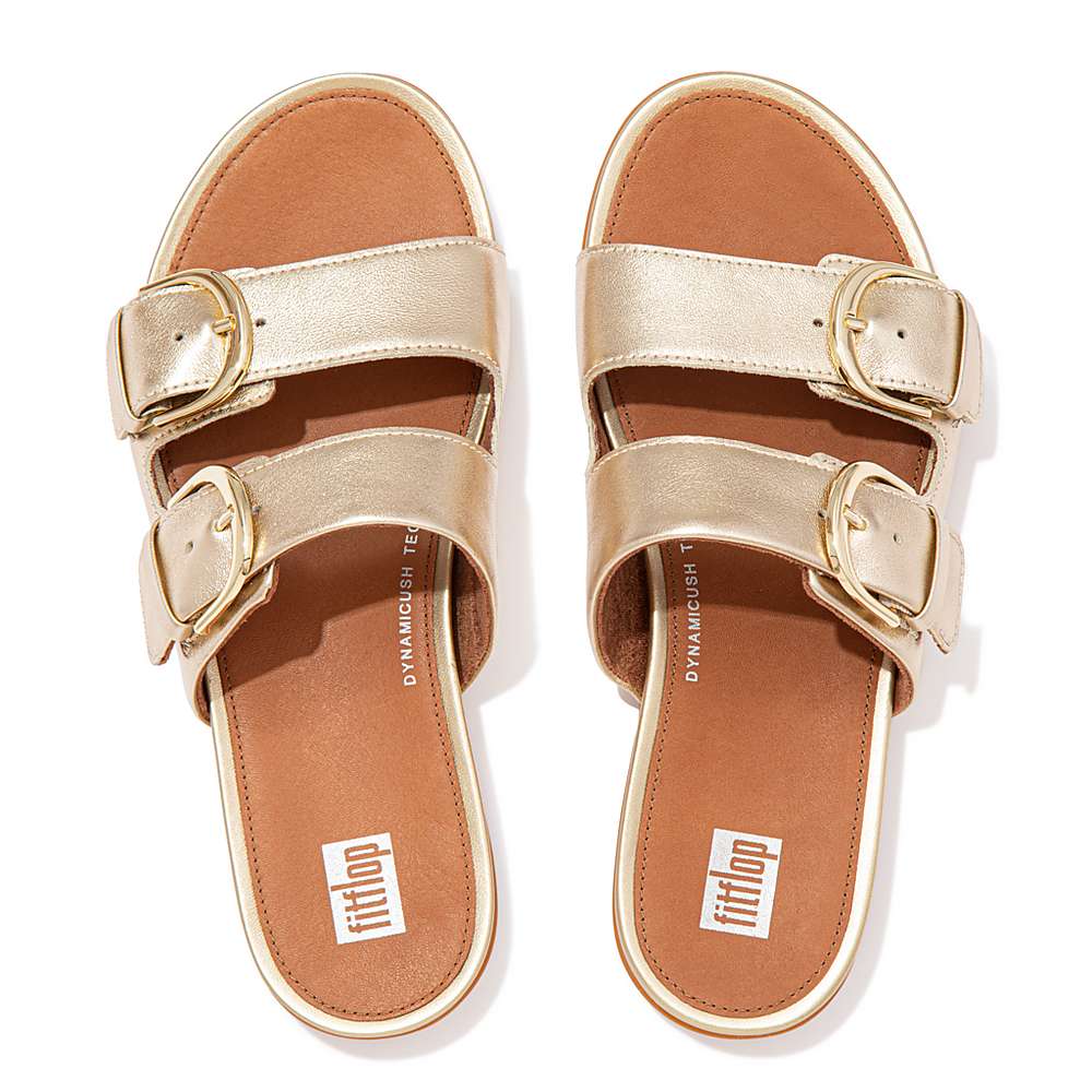 Fitflop GRACIE Buckle Metallic Leather Slides Sandalen Dames Bruin Goud | LZX475820