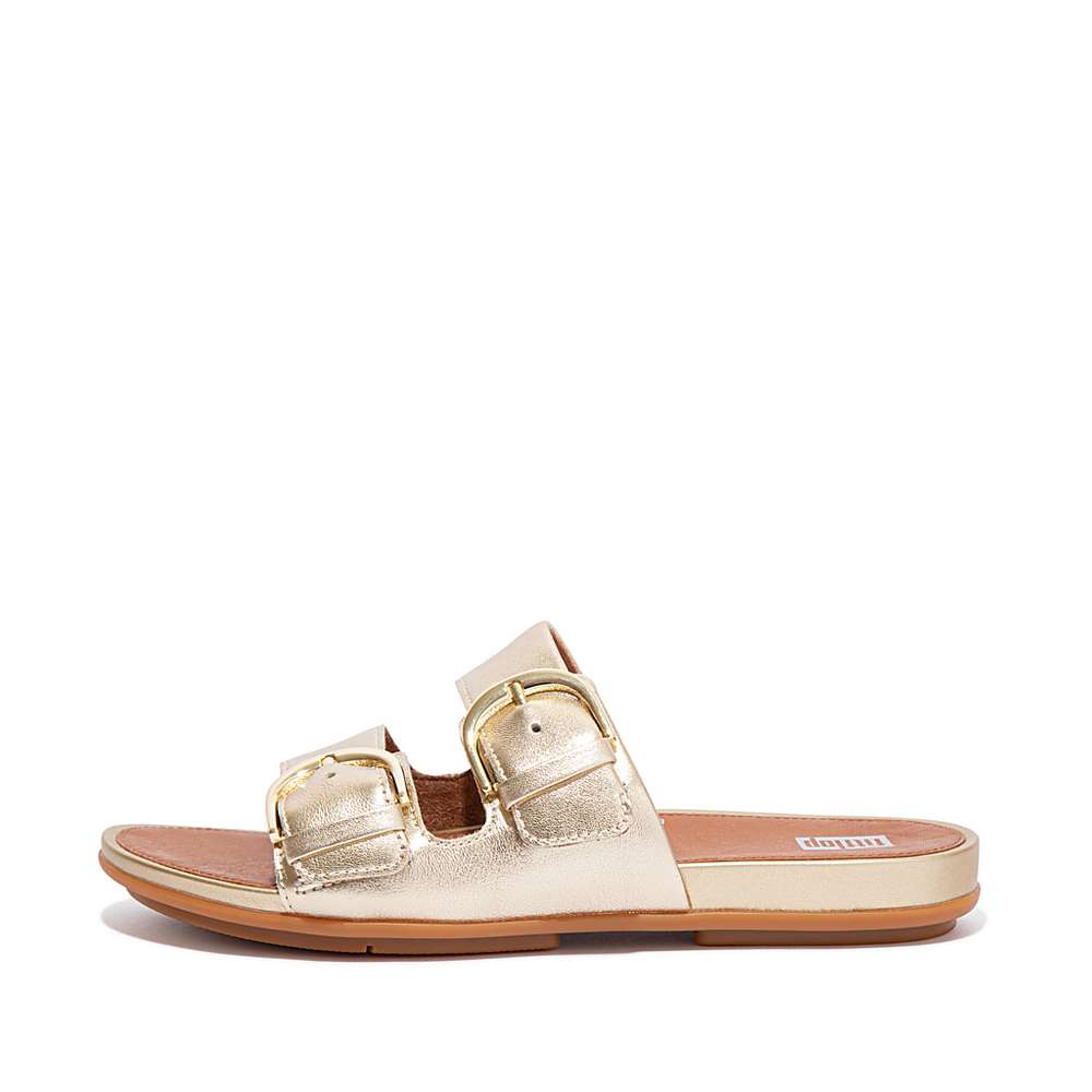 Fitflop GRACIE Buckle Metallic Leather Slides Sandalen Dames Bruin Goud | LZX475820