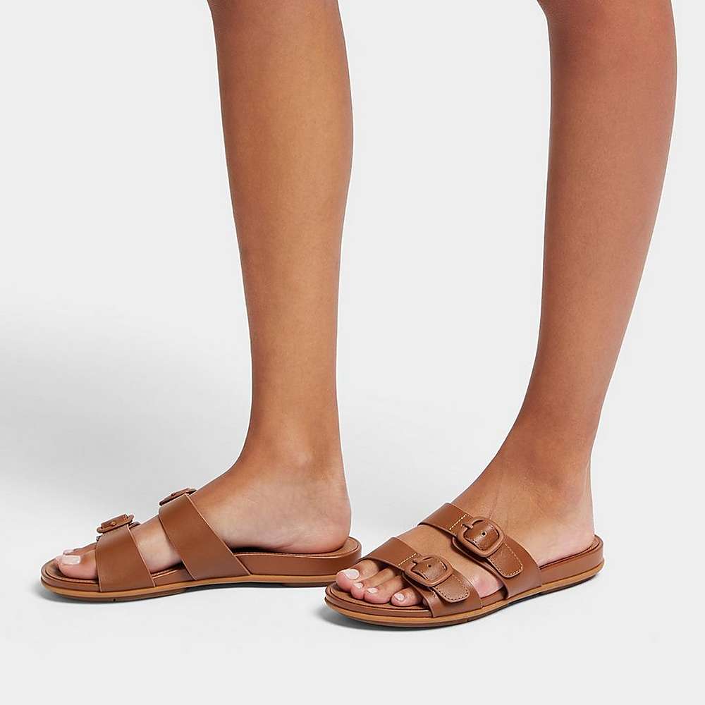 Fitflop GRACIE Buckle Two-Bar Leather Slides Sandalen Dames Bruin | BWU029763