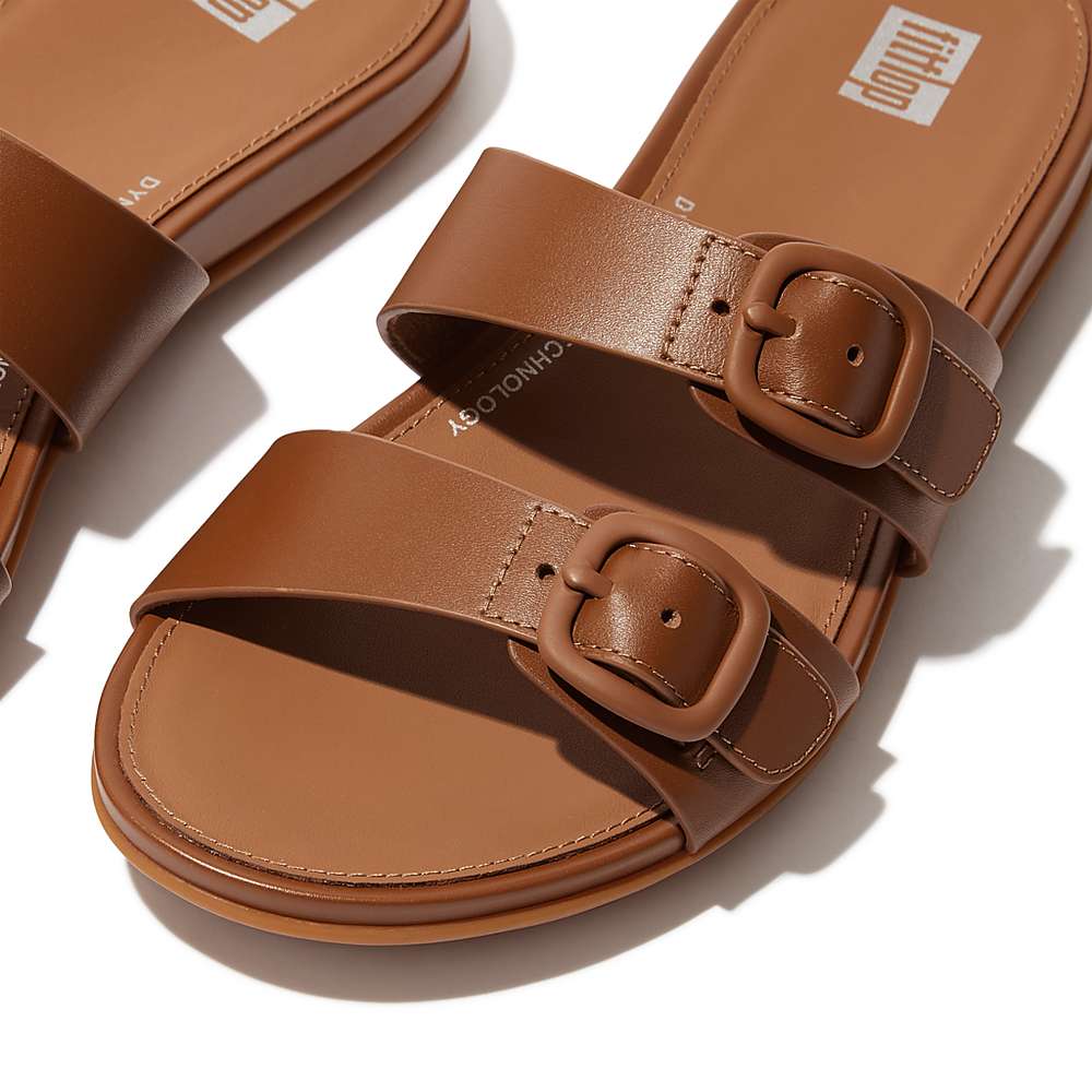 Fitflop GRACIE Buckle Two-Bar Leather Slides Sandalen Dames Bruin | BWU029763