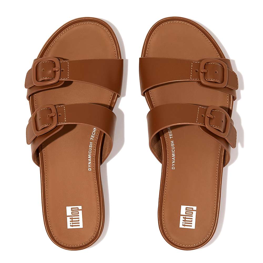 Fitflop GRACIE Buckle Two-Bar Leather Slides Sandalen Dames Bruin | BWU029763