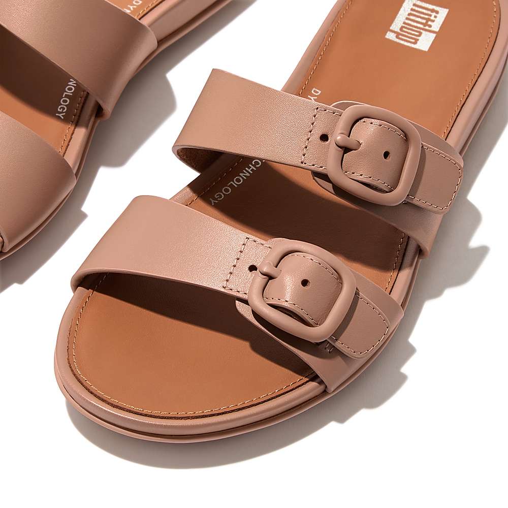 Fitflop GRACIE Buckle Two-Bar Leather Slides Sandalen Dames Beige | DUE826310