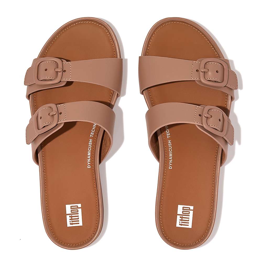 Fitflop GRACIE Buckle Two-Bar Leather Slides Sandalen Dames Beige | DUE826310