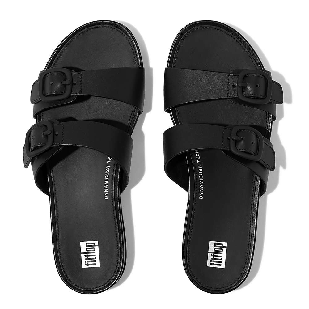 Fitflop GRACIE Buckle Two-Bar Leather Slides Sandalen Dames Zwart | NVQ435296